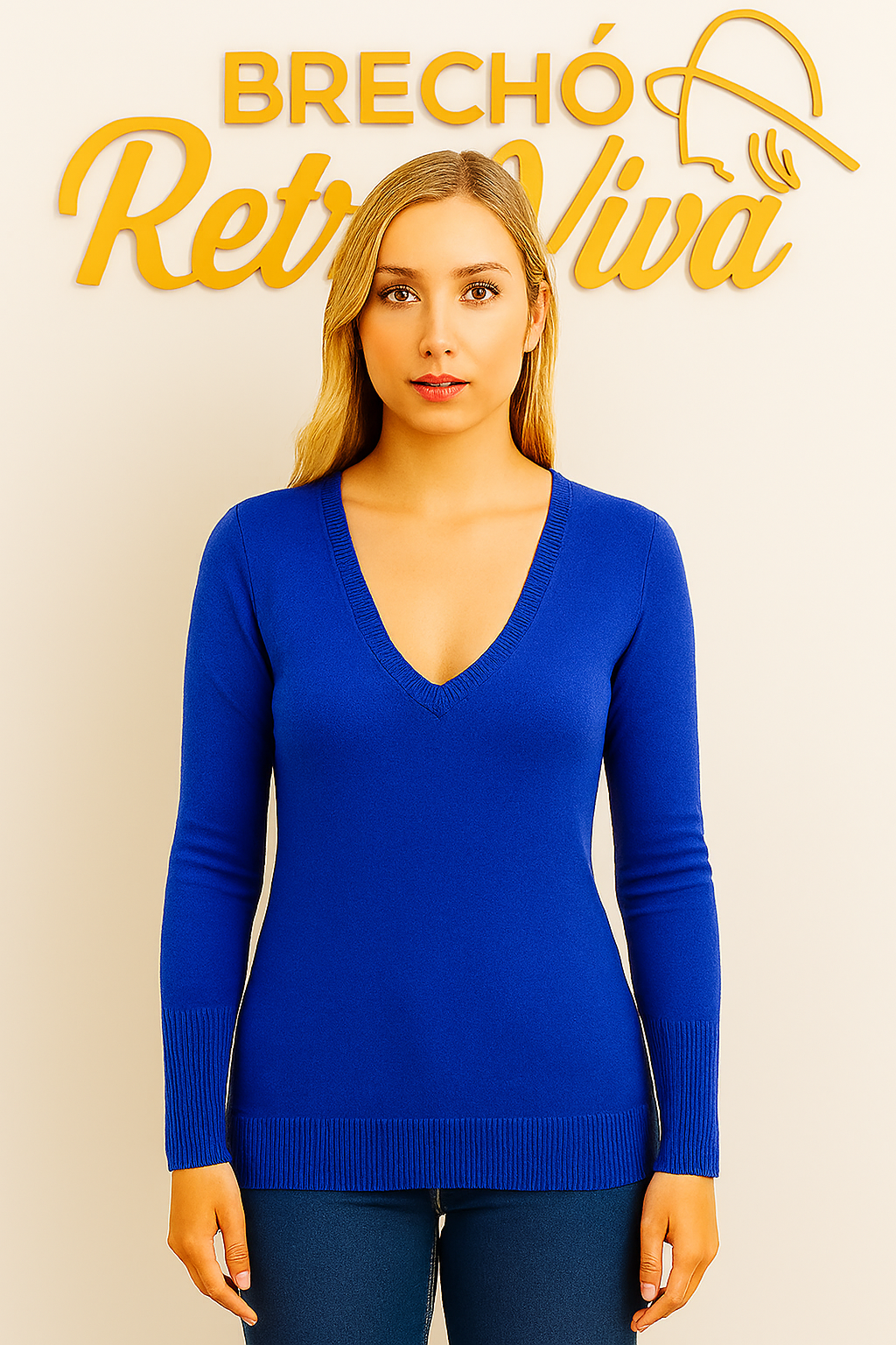 Blusa de Tricô Decote V – Azul Cobalto - TAM Único