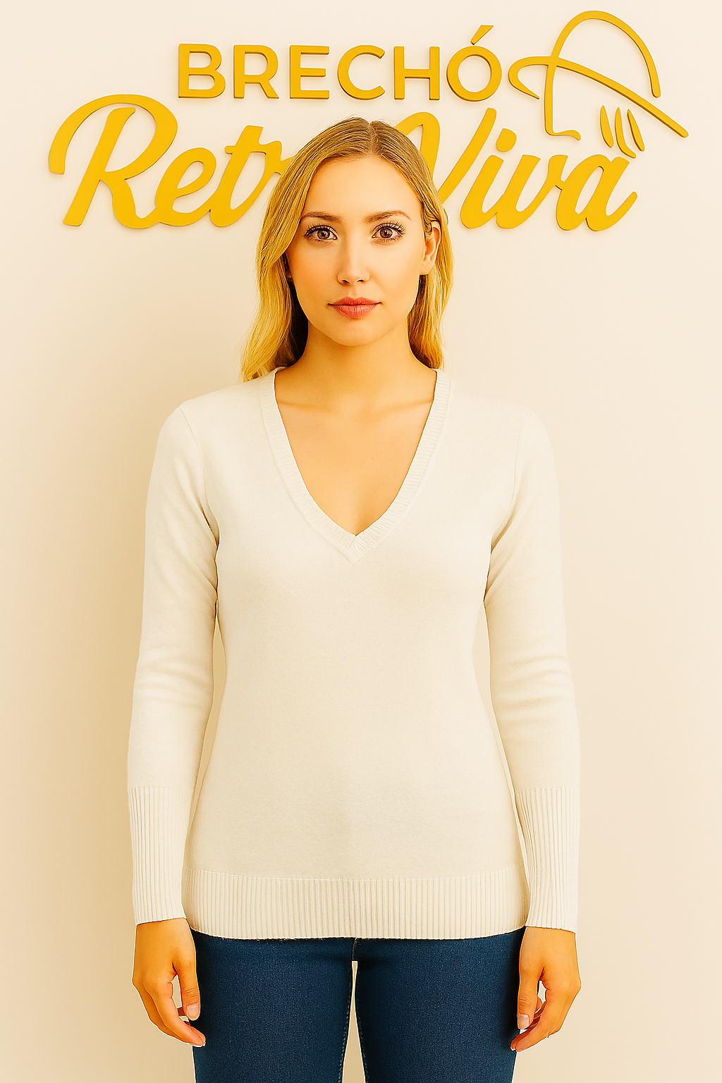 Blusa de Tricô Decote V – Off-White Elegante - TAM Único