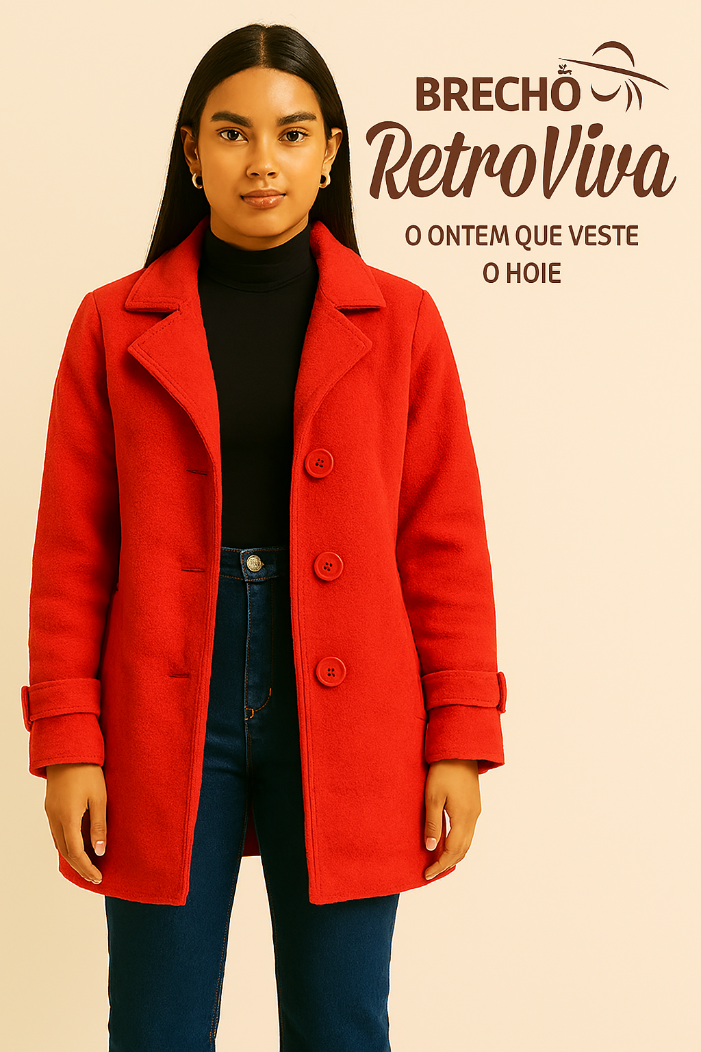 Casaco Peacoat vermelho em lã texturizada - TAM P