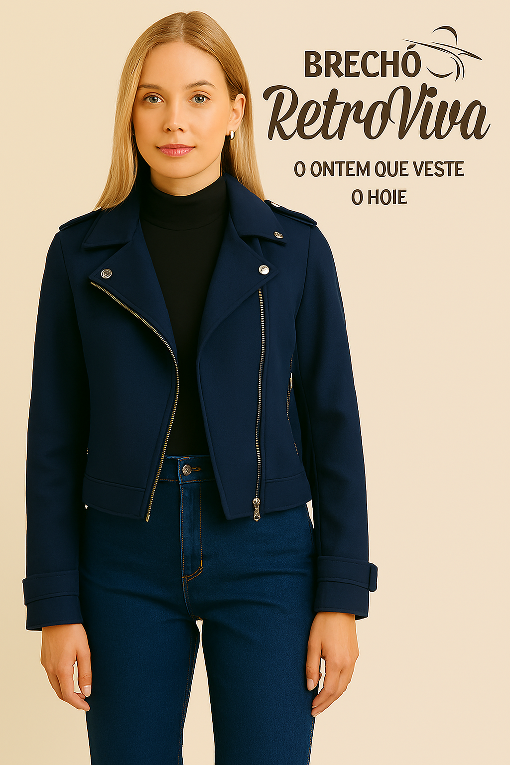 Jaqueta estilo biker em azul marinho - TAM M