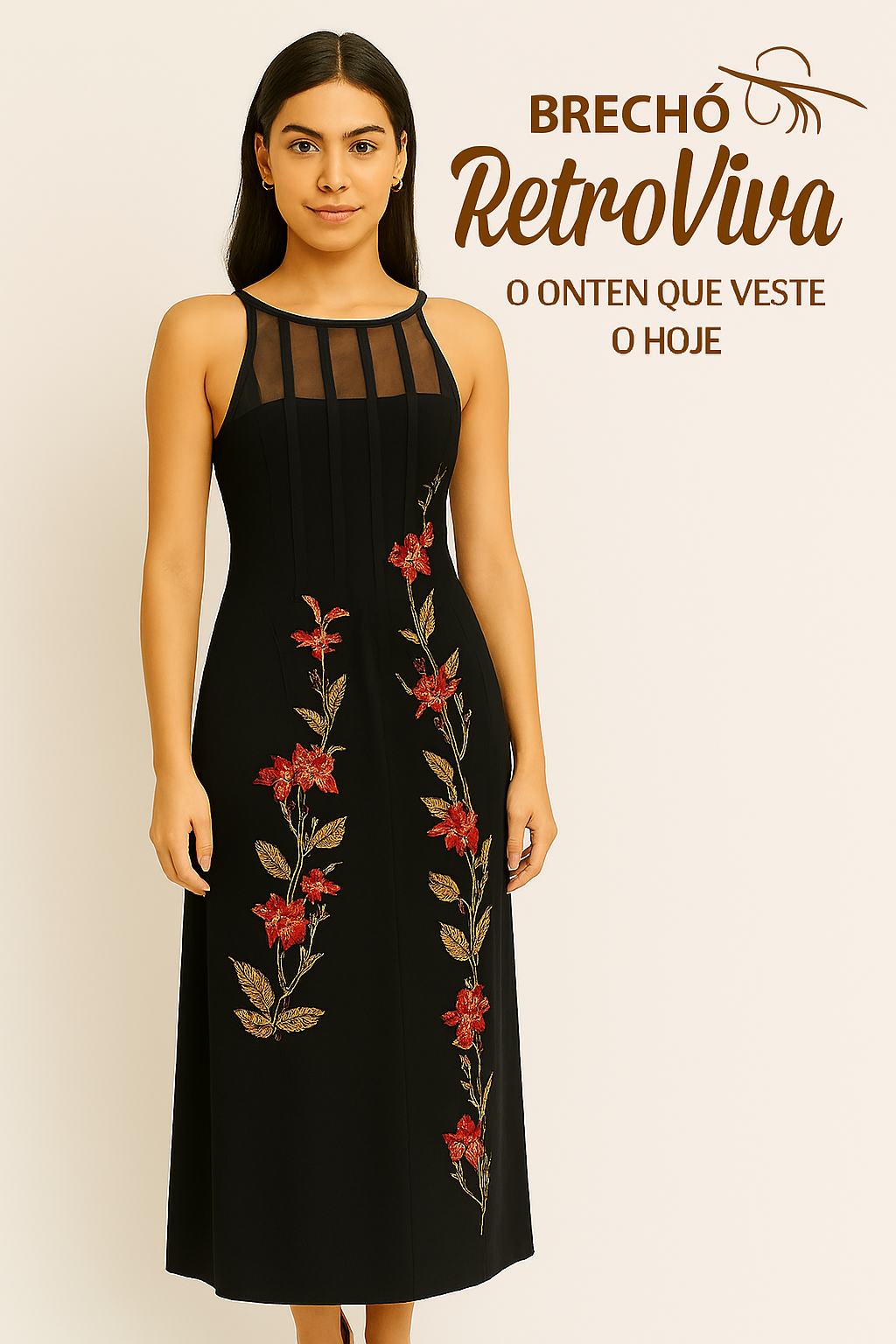 Vestido longo preto Bordado a Mão - TAM P,M